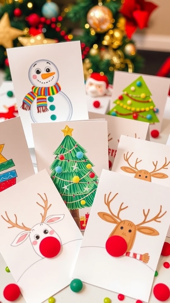 Cute Christmas Card Drawing Ideas A variety of cute Christmas card drawings including a snowman, Christmas tree, and reindeer on a festive table.